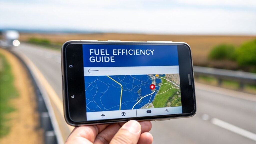 Smartphone showing a route and fuel efficiency guide beside an open road, illustrating google maps fuel consumption and smarter trip planning