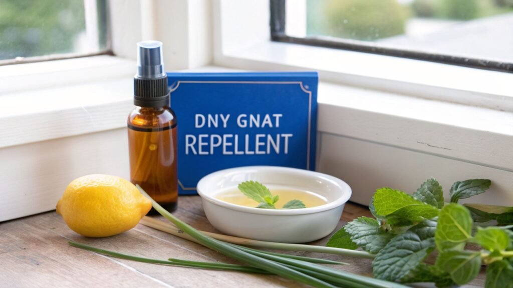Homemade gnat repellent kit with a spray bottle, lemon, herbs, and a small bowl near a window