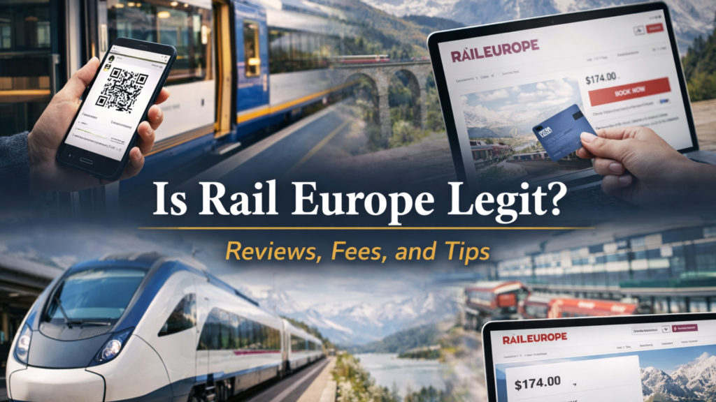 Is Rail Europe Legit blog banner featuring a mobile train ticket QR code, Rail Europe booking screens, and modern European trains in a scenic mountain setting.