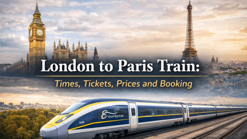 London to Paris train blog banner featuring a Eurostar train with Big Ben in London and the Eiffel Tower in Paris.