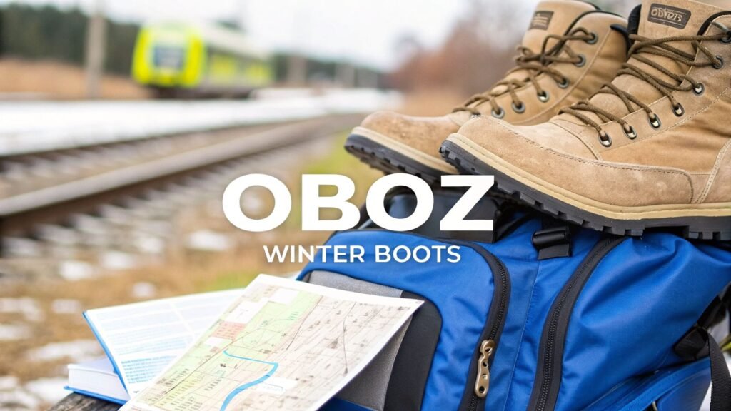 Pair of Oboz winter boots on a travel bag beside railway tracks, illustrating oboz winter boots for cold-weather travel and outdoor adventure