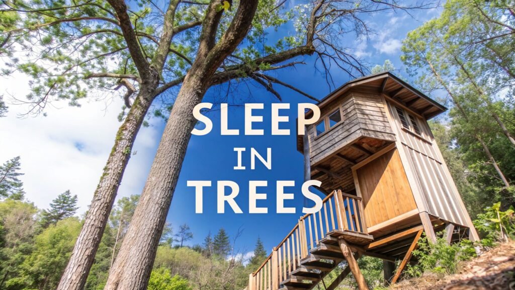 Sleep in trees treehouse cabin raised among tall forest trees under a bright blue sky