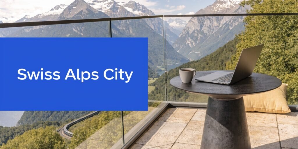 Laptop workspace overlooking a mountain valley, representing a swiss alps city for remote work, scenery, and longer stays