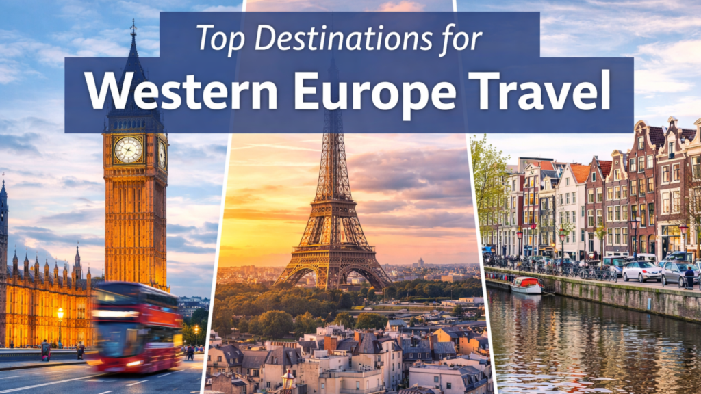 Blog banner featuring Big Ben in London, the Eiffel Tower in Paris, and Amsterdam canal houses, highlighting top destinations for western Europe travel.