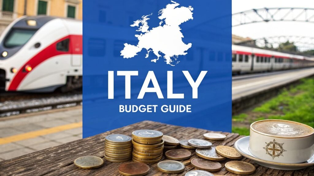 Italy budget guide with coins, coffee, and trains, illustrating key expenses that shape a trip to Italy cost for 2.