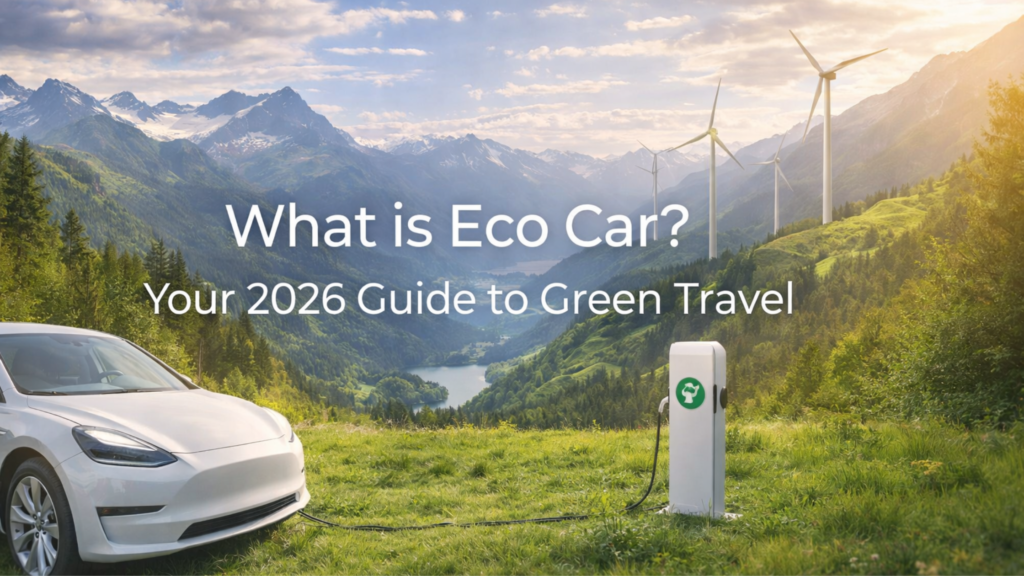 Electric car charging in a mountain landscape, illustrating what is eco car and the future of green travel in 2026