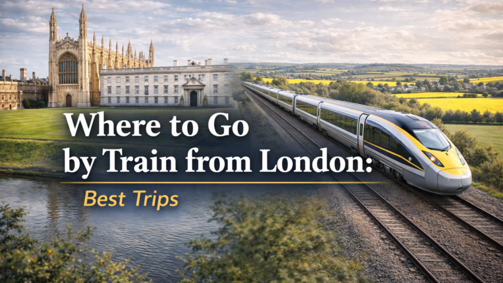 Where to go by train from London blog banner featuring Cambridge architecture, riverside scenery, and a modern train traveling through the countryside.