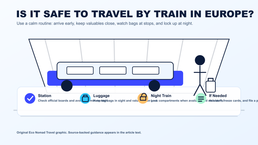 Illustrated train platform safety checklist for is it safe to travel by train in Europe