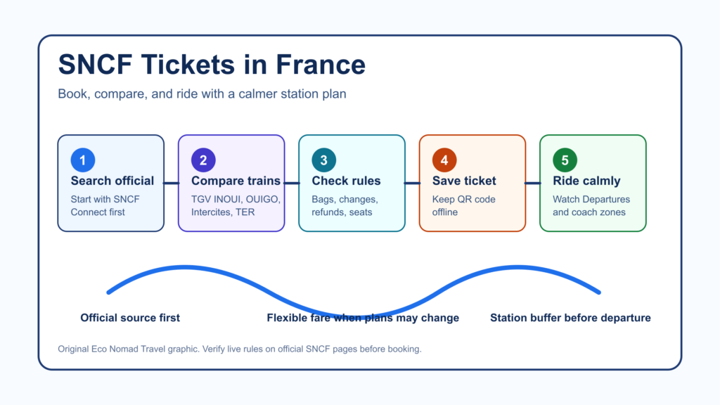 Original workflow graphic for SNCF tickets in France showing booking and station steps