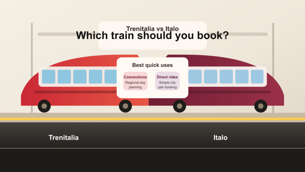 Editorial comparison illustration of two Italian high-speed trains for a Trenitalia vs Italo booking guide.